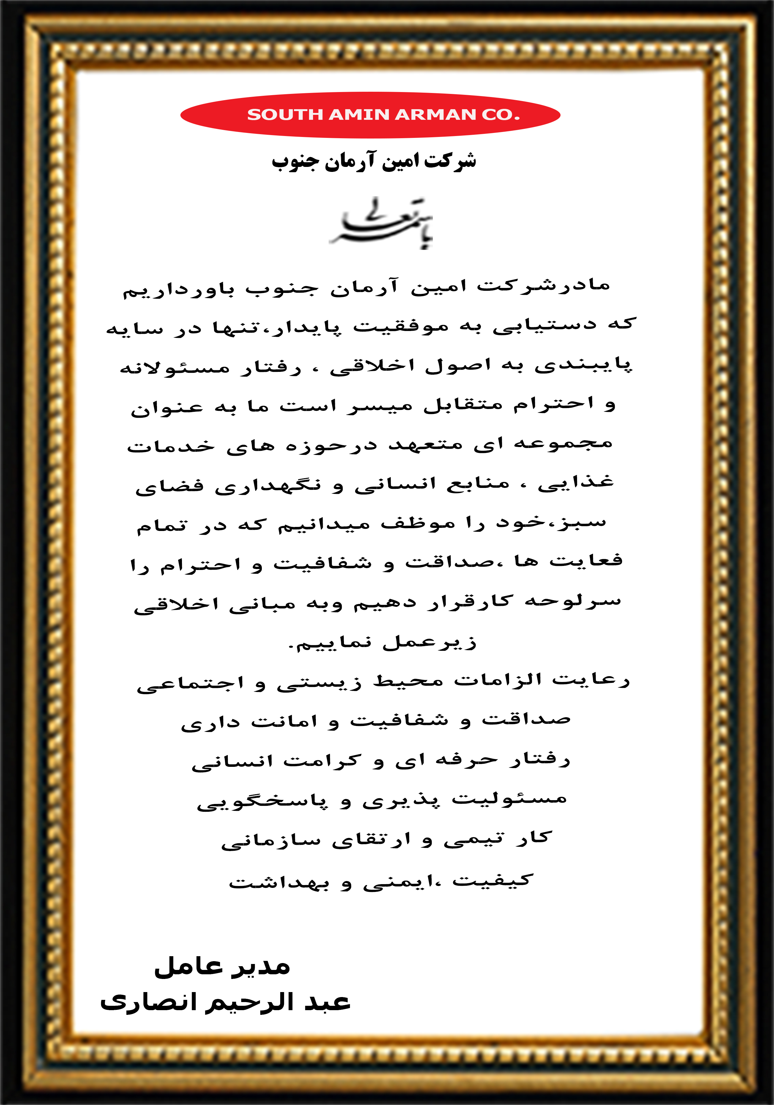 خط مشی شرکت امین آرمان جنوب